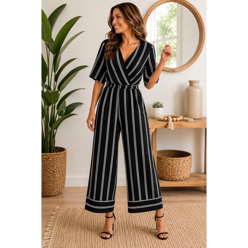 Trixxi Black White Striped Wrap Jumper Wide Leg Short Sleeve V-Neck Missing Belt